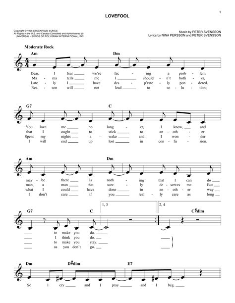 Lovefool by The Cardigans Sheet Music for Easy Lead Sheet / Fake Book ...