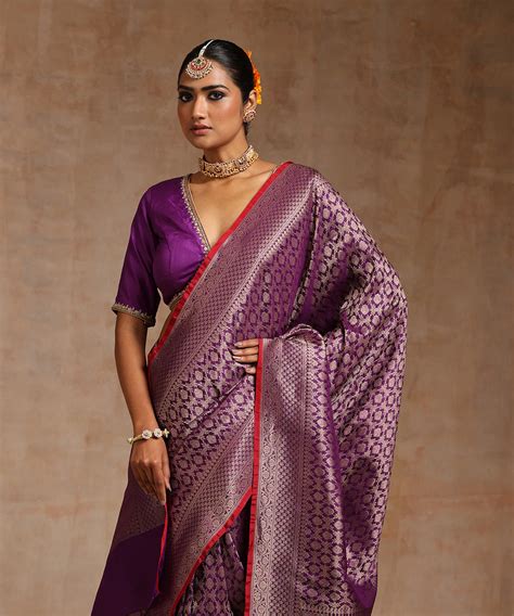 Handloom Purple Pure Katan Silk Kimkhab Banarasi Saree With Antique Za ...