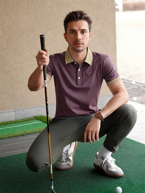 Men's Contrast Trim Golf Polo Shirt, Half Button Collar Color Block ...