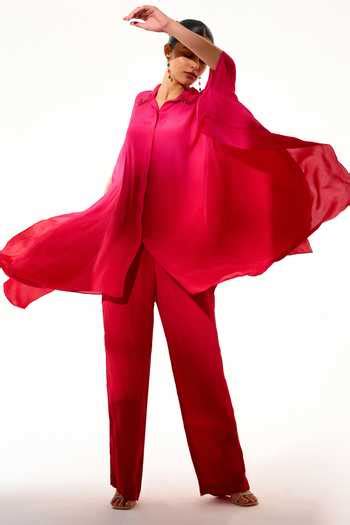 Buy Pink Crepe Embroidery Collared Hand Kaftan Shirt And Pant Set For ...