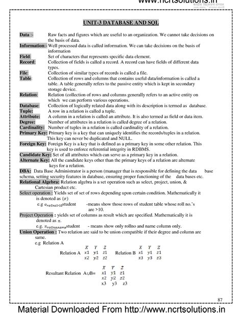 12 computer science notes CH06 database and sql - NCRTSOLUTIONS 87 UNIT ...