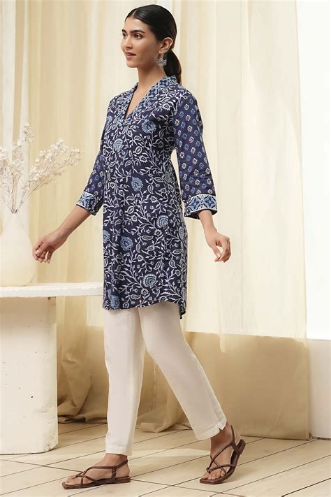 Buy Indigo Cotton Floral Straight Short Kurta Online at Biba India