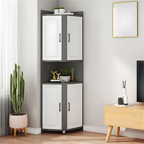 Modern Black Wood Corner Cabinet with 2 Cabinets and 6 Shelves - Black ...
