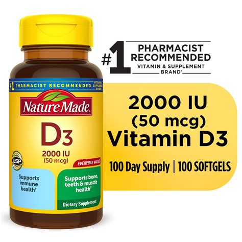 Nature Made Vitamin D3 2000 IU (50 mcg) Softgels, Dietary Supplement ...