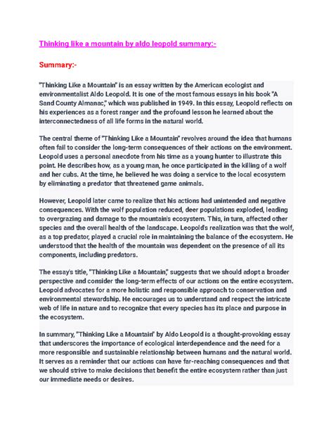 Thinking Like a Mountain: Aldo Leopold Summary and Insights - Studocu