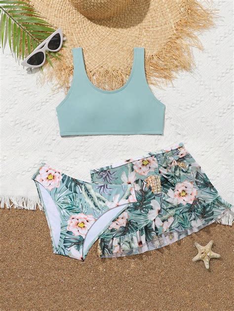 SHEIN Conjunto de biquíni de 3 peças com estampa floral e planta Tween ...