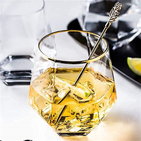 TARISSA Gold Rim Whiskey Glass Diamond Geometric Tilted Drinking Glass ...