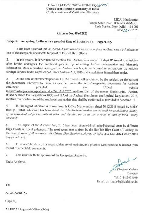 Clarification on Accepting Aadhaar as a proof of Date of Birth (DoB ...