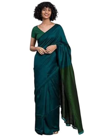 Buy BRYNBRIT Women Cotton Teal Bottal Green New Saree Gini Handloom ...