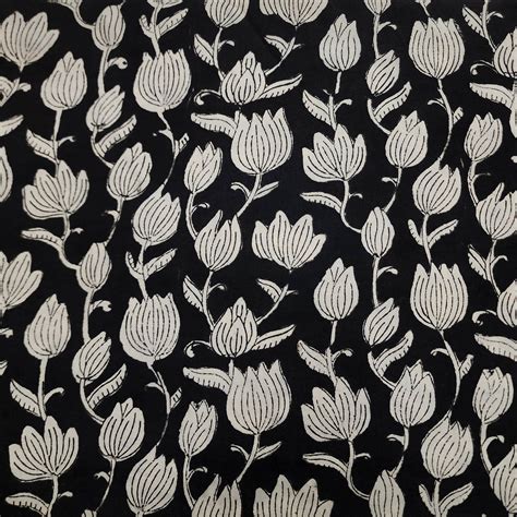 Pure Cotton Bagru Black With Lotus And Buds Jaal Hand Block Print Fabr ...