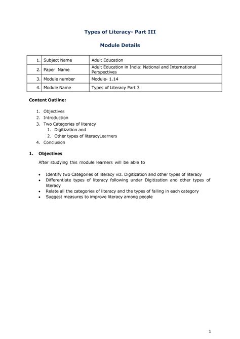 Types of Literacy - Part3 - Adult/ Non Formal Education - Studocu
