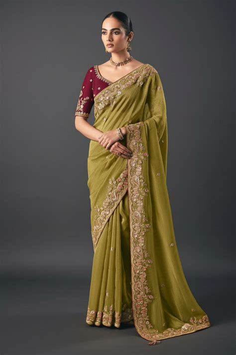 Green Tissue Saree with Thread and Mirror Work
