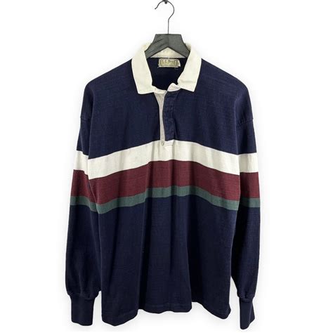 Vintage Vtg LL Bean Rugby Long Sleeve Polo Shirt Blue Striped Cotton ...