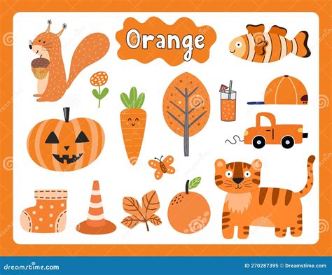 Set of Orange Color Objects. Primary Colors Flashcard with Orange ...