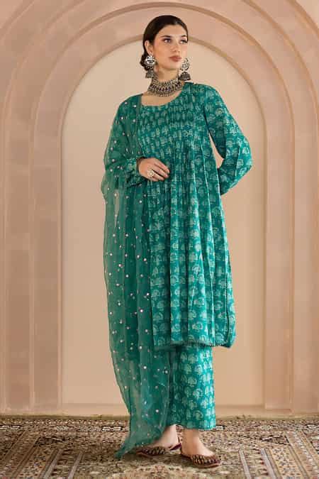 Buy Green Cotton, Organza Embroidery Round Shriya Floral Block Print ...