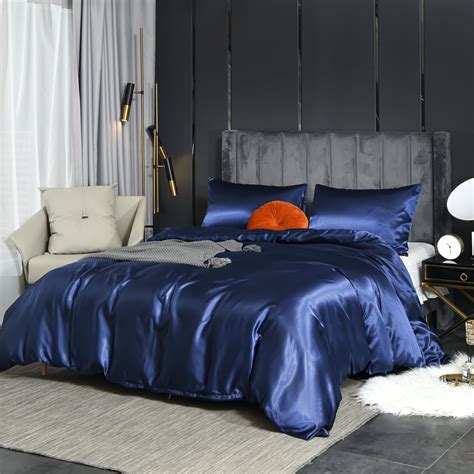 Move Over Navy Blue Duvet Cover Set Queen Silk like Satin Bedding Sets ...