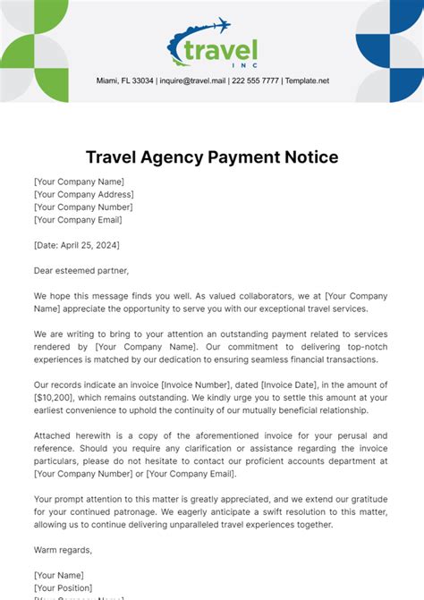 Free Travel Agency Payment Notice Template to Edit Online