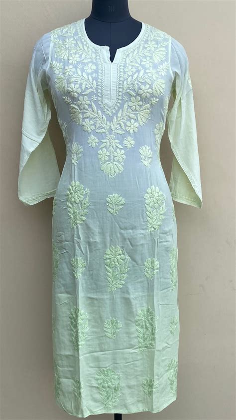 Lucknowi Chikankari Kurti Pista Green Pure Georgette With Mukaish Work ...