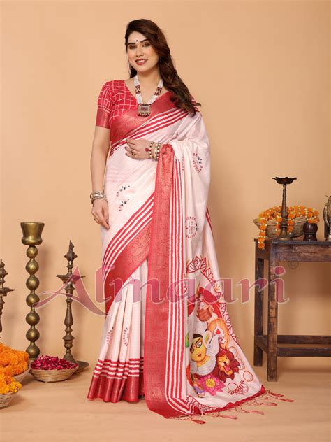 Crimson Red Handloom Linen Saree with Maa Durga Mahishasura Mardini Pa ...