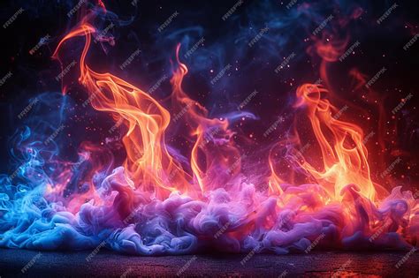 Illustration of red blue and purple flame on a black background ...