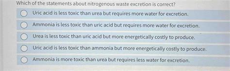 Solved: Which of the statements about nitrogenous waste excretion is ...