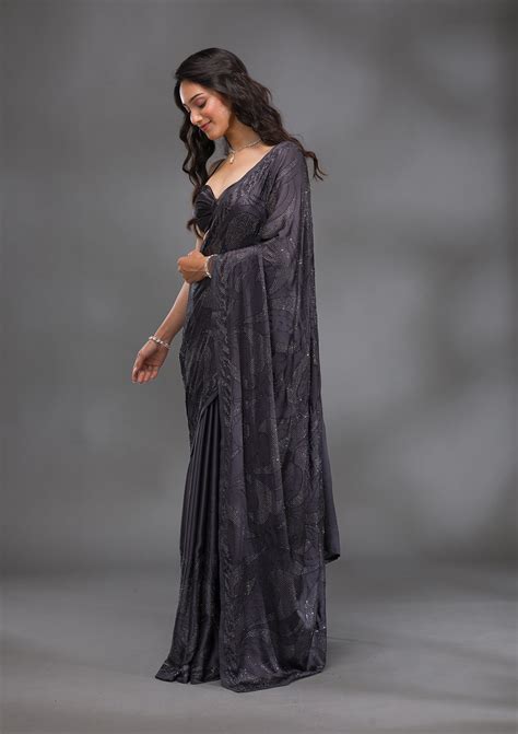 Buy Grey Swarovski Satin Saree - Koskii