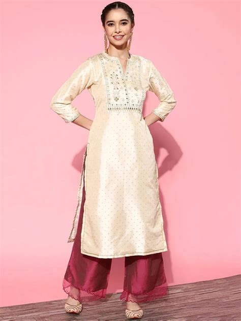 Buy Off White Yoke Design Art Silk Straight Kurta Online at Rs.499 | Libas