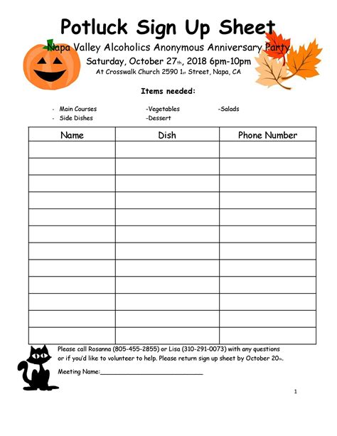 Potluck Sign Up Sheet