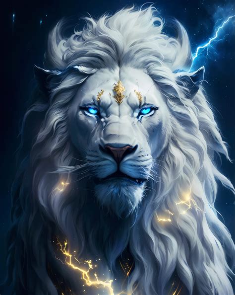 A white lion with blue eyes and lightning in the background - SeaArt AI