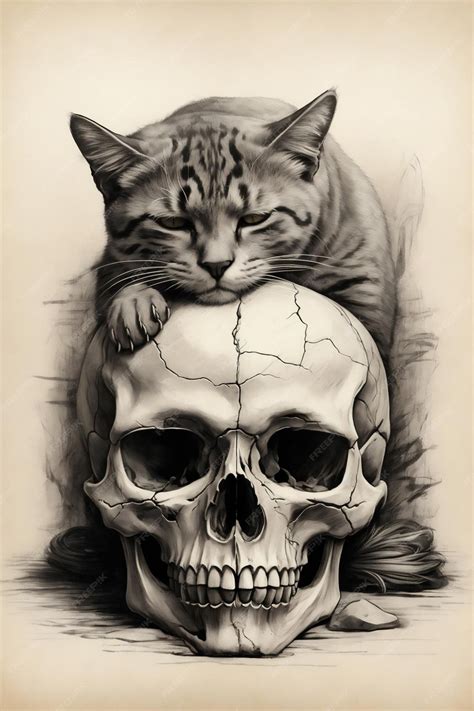 Premium Photo | Graphics pencil drawing black and white skull and cat