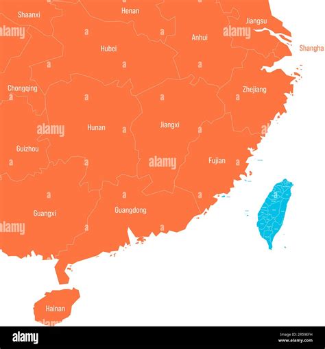 Political map of Taiwan and China focused on Taiwan and the nearest chinese provinces. Both ...