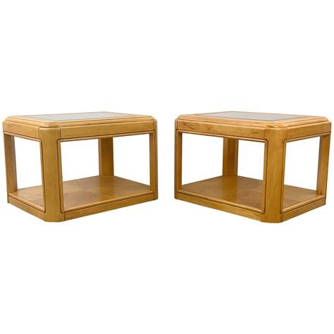 Pair Retro Oak End Tables with Glass Tops For Sale at 1stDibs