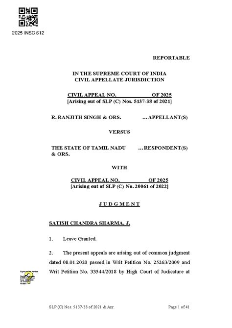 2025 INSC 612 Civil Appeal Judgment: R Ranjith Singh vs. State of Tamil ...