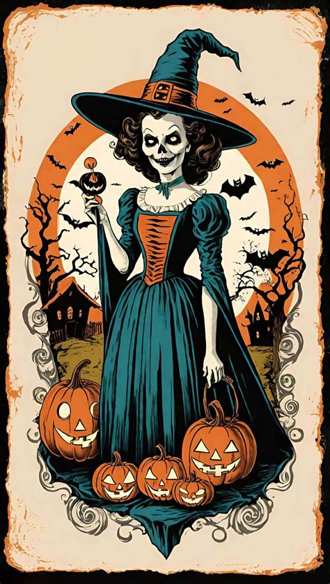 Download Retro Vintage Witch Halloween Illustration Wallpaper ...