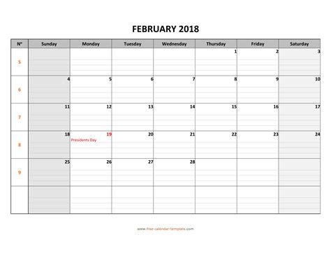 February 2018 Calendar Free Printable with grid lines designed ...