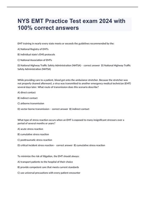 NYS EMT Practice Test exam 2024 with 100% correct answers - NYS EMT ...