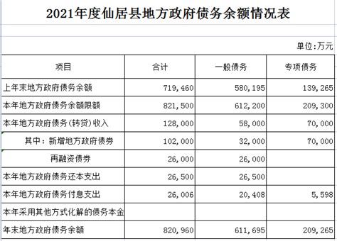 2021年度仙居县地方政府债务余额情况表