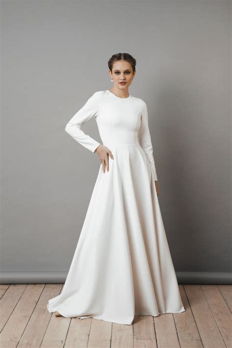 Minimalist crepe wedding dress, simple and modest bridal dress, long sleeve wedding dress ...