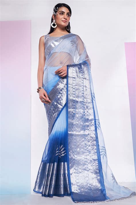 Buy Blue Organza Saree With Blouse Piece online-Karagiri