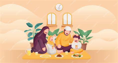 Premium Vector | Muslim Family Having Iftar Children Happy to Complete Fasting and Appreciated ...