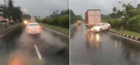 Trying To Overtake Ambulance Car Hydroplanes, Crashes