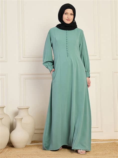 Nabia Sea Green Aline Abaya Burqa With Black Georgette Hijab