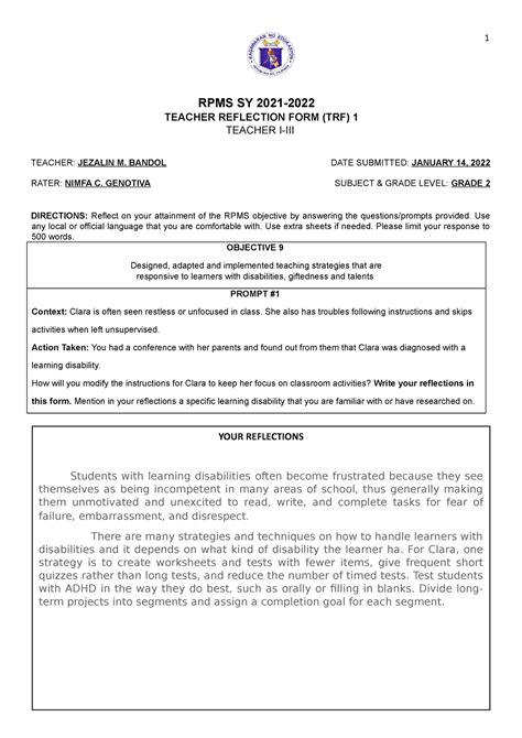 TRF obj 9 - TRF objective 9 - 1 RPMS SY 2021- TEACHER REFLECTION FORM ...