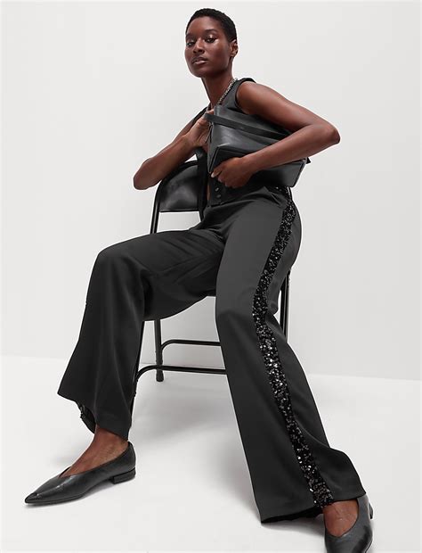 Buy Sequin Side Stripe Wide Leg Trousers at Marks & Spencer