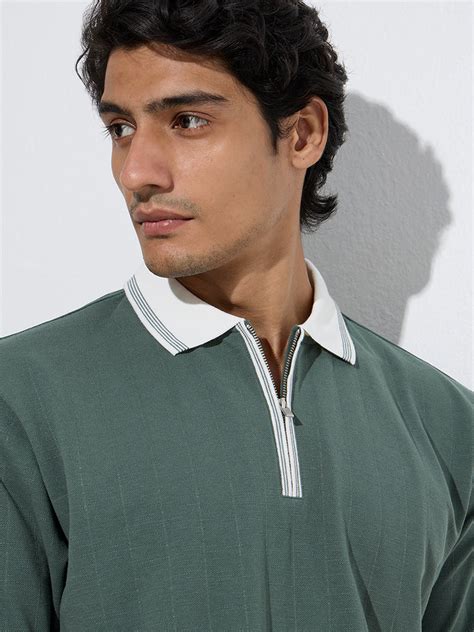 Buy WES Casuals Sage Relaxed-Fit Quarter-Zip Polo T-Shirt from Westside