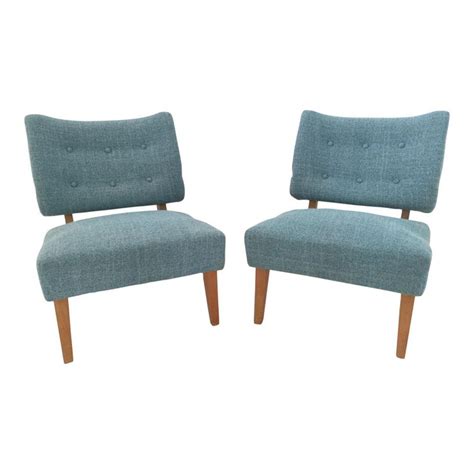 Vintage Teal Blue Accent Slipper Chairs - a Pair