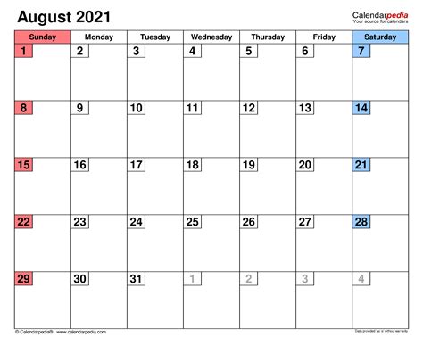 August 2021 Calendar | Templates for PDF, Excel and Word