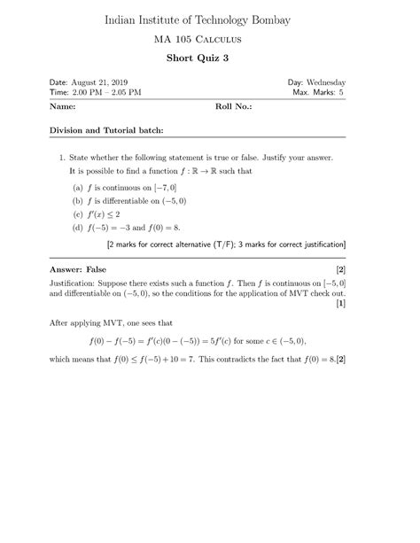 MA105 Short Quiz 3 Paper & Solution - Indian Institute of Technology ...