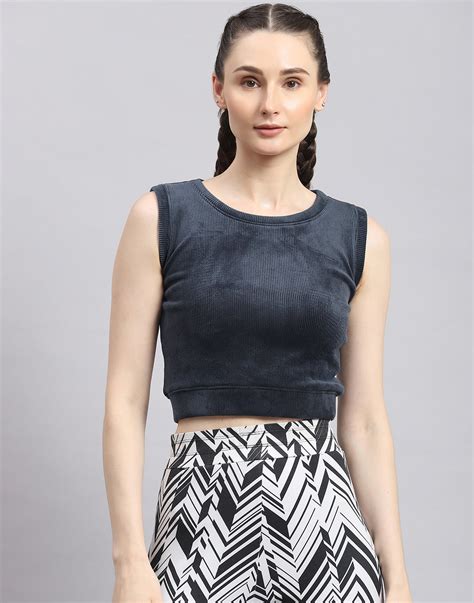 Buy Women Navy Blue Solid Round Neck Sleeveless Top Online in India ...