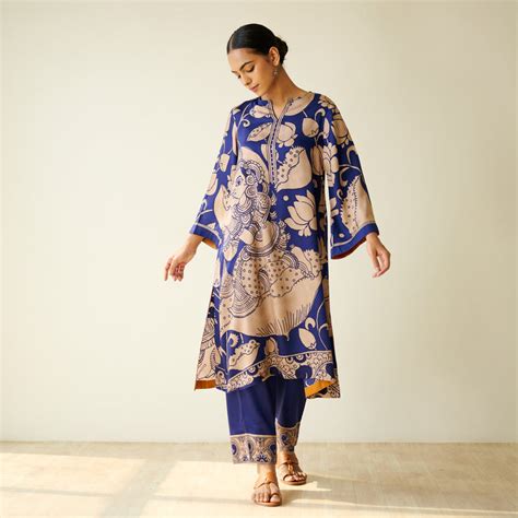 Buy Syahi Modal Satin Kurta Set with Mukaish Embroidery Details - Royal ...